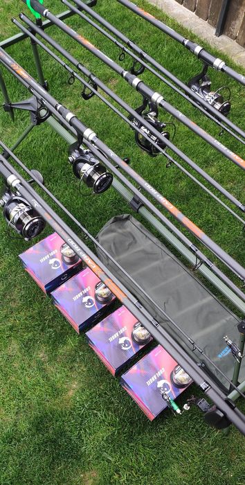 Set 4 Lansete 3,90m,4 Mulinete Tambur 12000,11 Rulmenți,Rod Pod Echipat+ 4 Role fir