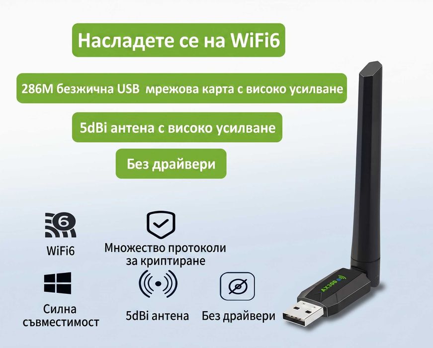 USB WiFi 6 AX Адаптер 286Mbps 2.4GHz 802.11ax Безжичен Приемник за Лаптоп Компютър Windows Linux