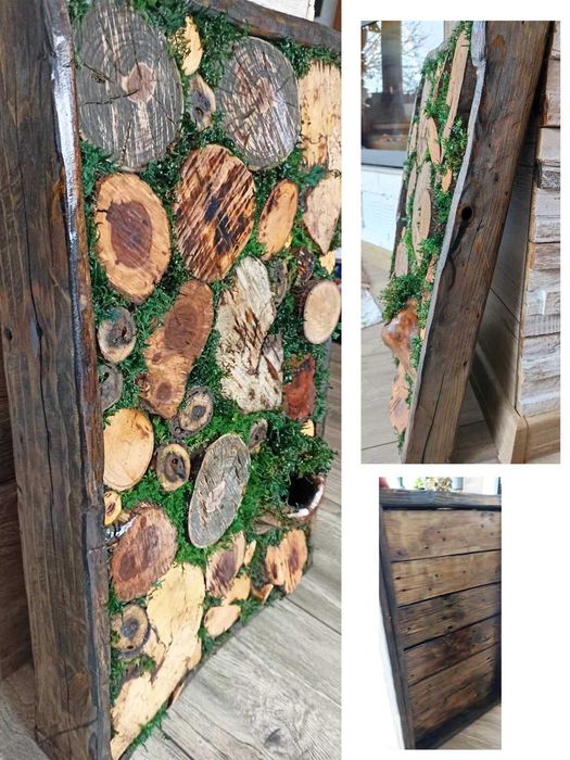 Декоративно пано от дърво и естествен мъх, арт декорация - 61х40 см