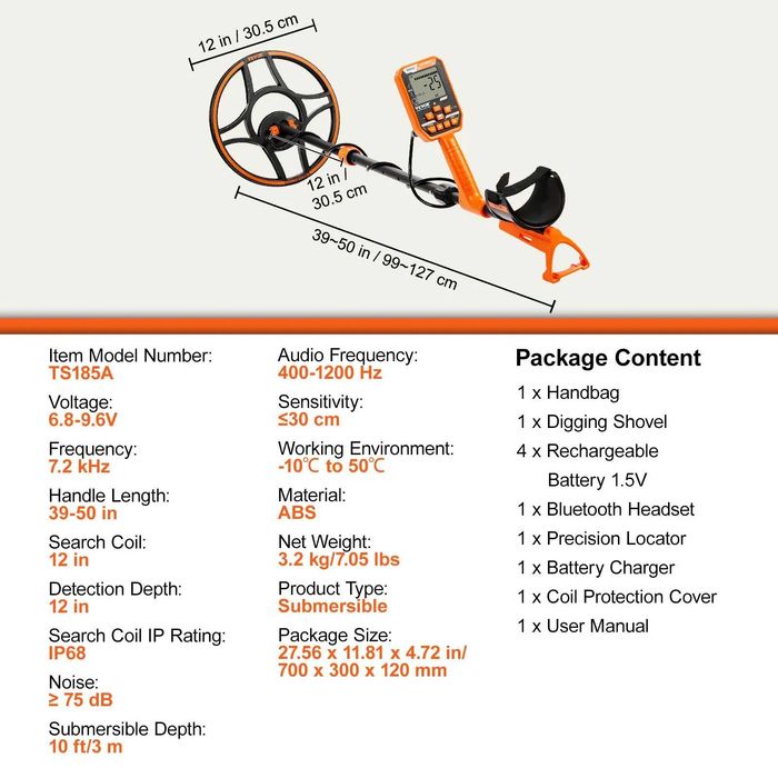 VEVOR Waterproof Metal Detector, 30.5 cm