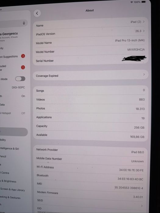 iPad Pro 13” M4, 256GB, Wi-Fi + Cellular, Space Black, baterie 100%