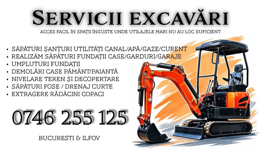 Servicii mini excavator sapaturi santuri fundații fose bransament  apa canal gaz curent fibra optica  radacini copaci nivelare gard București-Ilfov