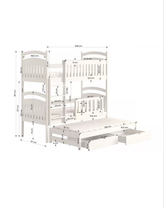 Pat supraetajat 3 persoane 90x200 cu 2 saltele incluse