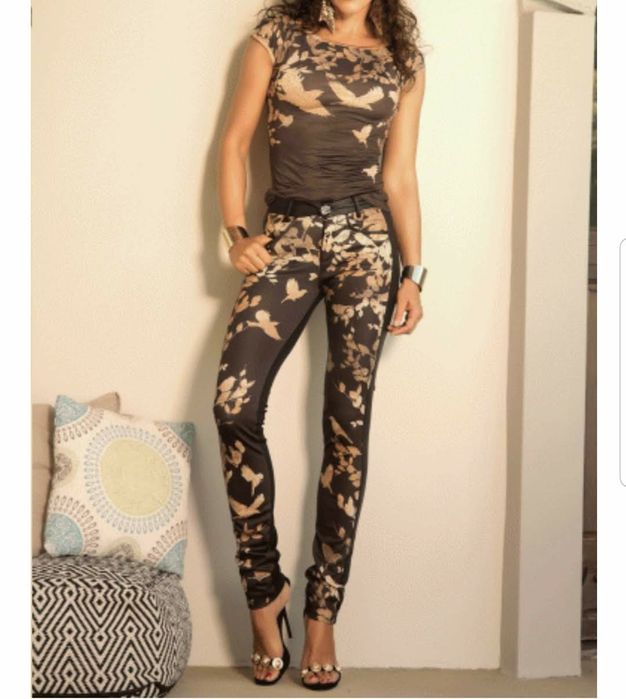 Pantaloni Punto Milano cu benzi laterale piele, imprimeu de designer