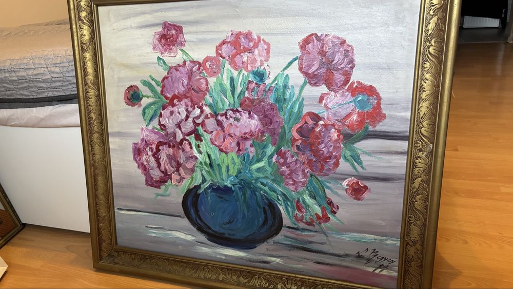 Tablou Megessy- vas cu flori, tehnica cuțitului