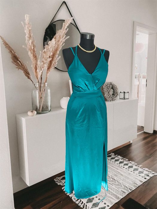 Rochie lunga de ocazie turcoaz satinat S