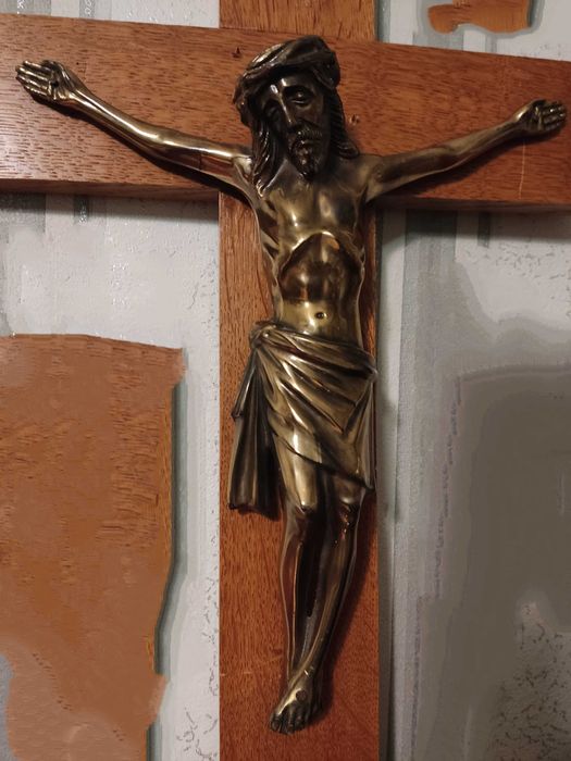 2за110€ Голяма стара медна икона и голям дървен кръст-бронз Разпятието
