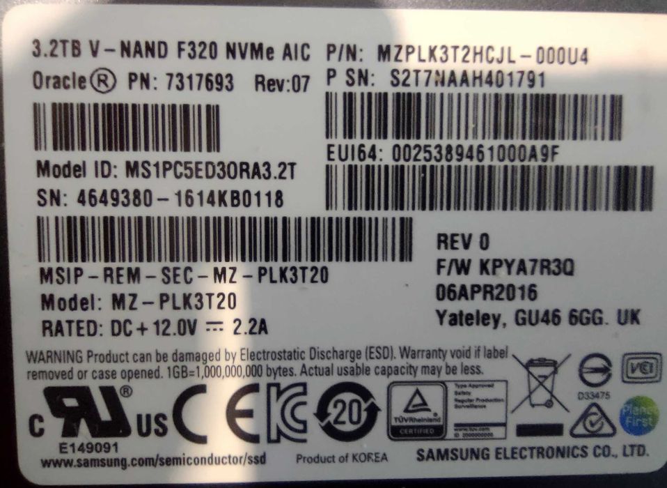 Samsung NVMe PM1725 3.2TB PCIe x8 3.0 Low Profile SUN F320 SSD Server