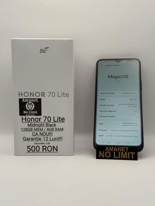 Honor 70 Lite 128GB Balck Ca Nou Garantie 12 Luni , AMANET NO LIMIT.