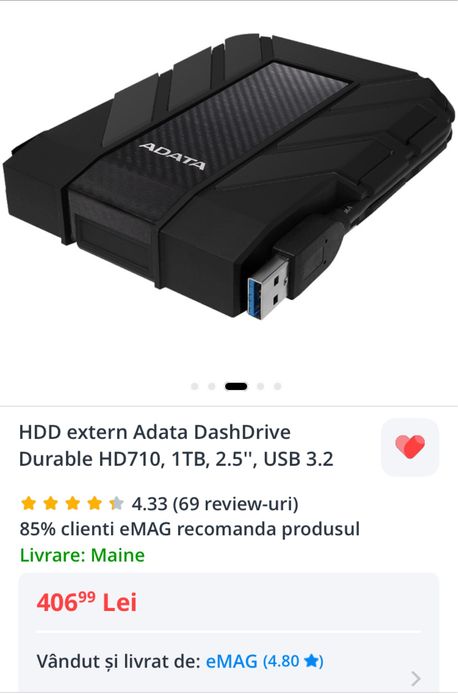 Hard Disk HDD extern portabil ADATA Durable HD710 1Tb 2.5” USB 3.0