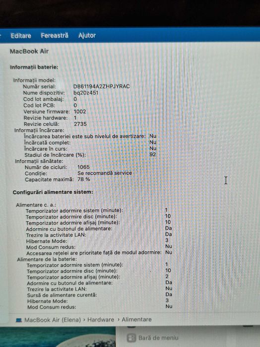 MacBook Air M1 2020 (activat 2022) 8GB 256GB - Baterie 78% - Impecabil