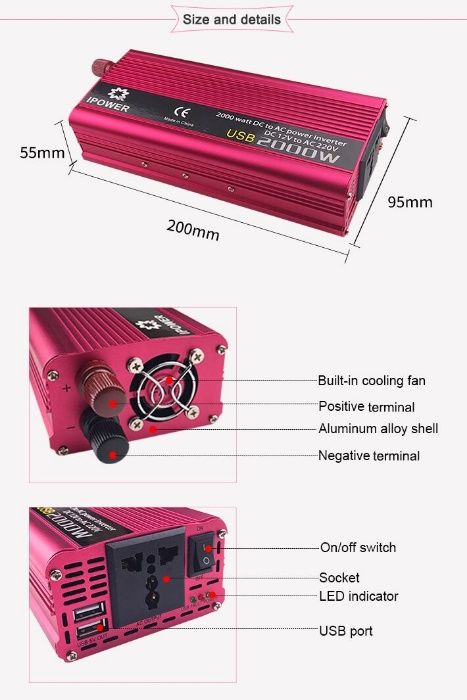 Invertor auto 12V la 220V putere 2000W