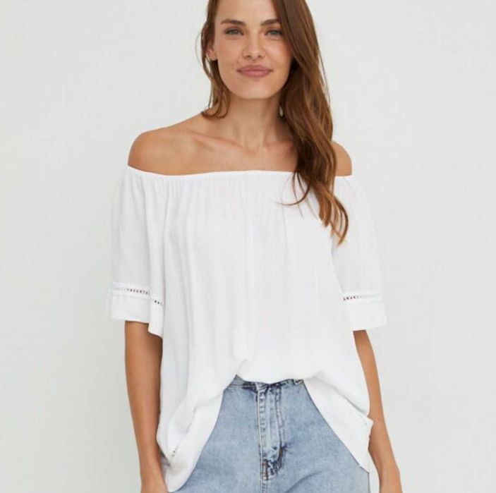 Bluza cazuta pe umeri, barcuta, alb, nou, S/36