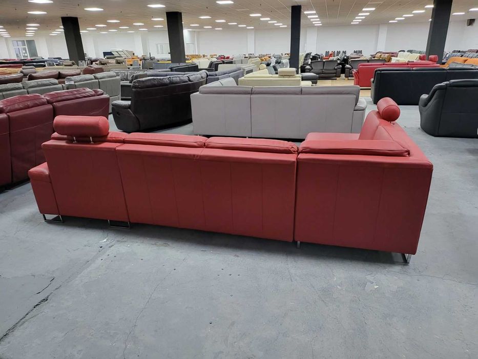 Червен кожен ъглов диван П форма с функция сън "CARO"