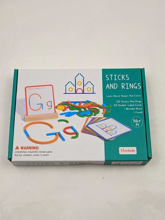 Puzzle Montessori din lemn, joc de potrivire a formelor, 120 bețișoare și inele, 20 carduri față-verso, 3-6 ani