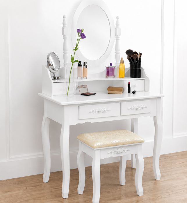 Masa de toaleta 75x140x40 cm în alb cu oglinda, 4 sertare si taburet ML-Design, nou
