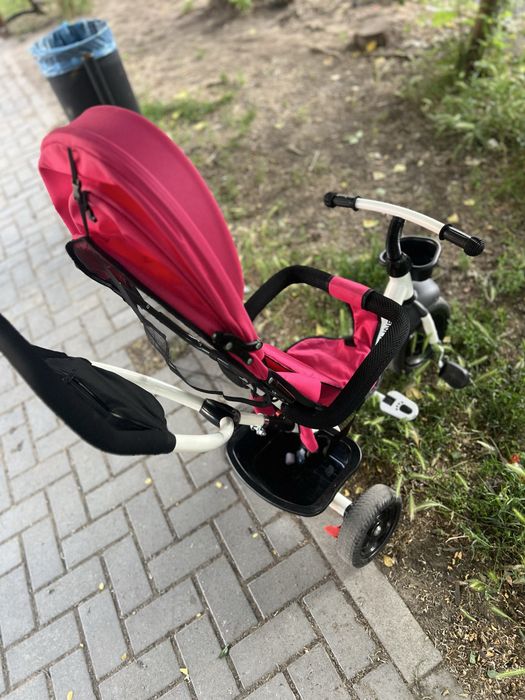 Tricicletă roz mâner de împingere, gentuță și coș