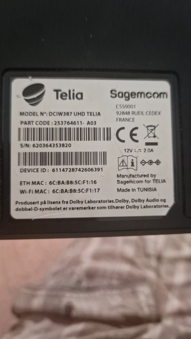 Vand Telia Sagemcom DCIW387 Android TV Box 4K UHD.