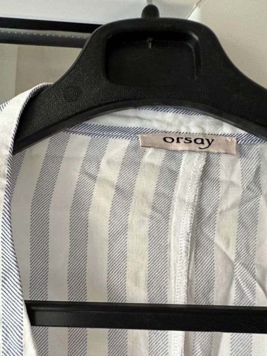 Cămașă / Bluză damă Orsay cu dungi bleu-alb, decolteu în V și legătură în talie (Tie-front) – Mărimea [L]