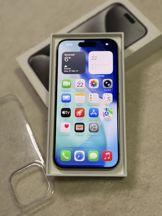iPhone 15 Pro White Titanium 94% full box + husa ca nou 128 GB