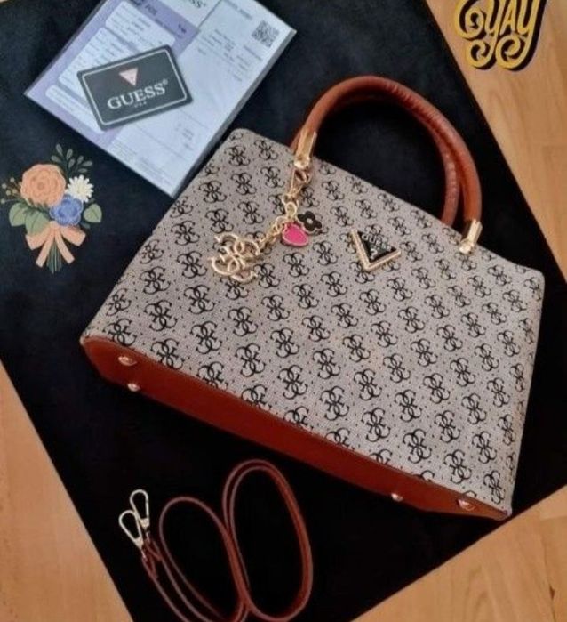 Geanta Guess,material textil,insertii piele, logo metalic, saculet