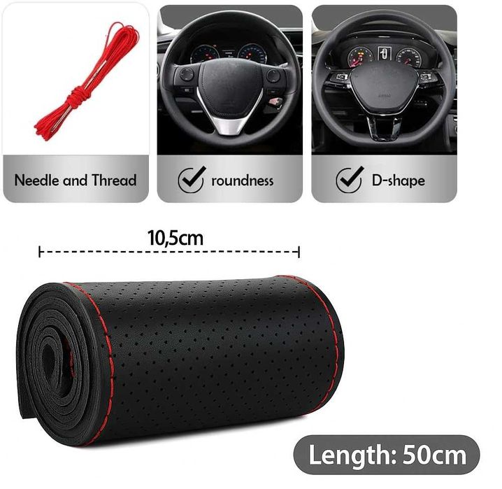 Кожен калъф за волан 38 см с червен шев - универсален за кръгли и D-волани