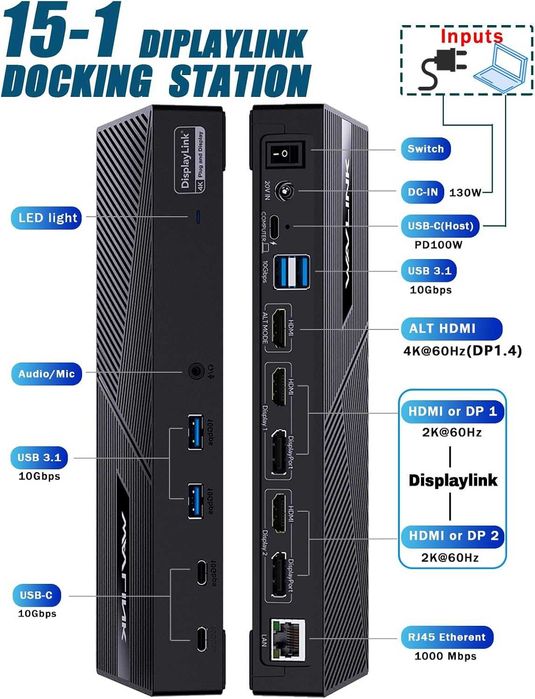 Док станция Wavlink 15в1 на 3 монитора для Macbook M1-M5  Windows