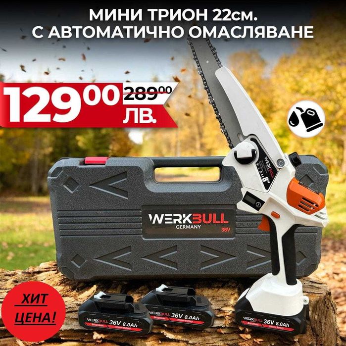 Акумулаторна Безчеткова резачка с омасляване 2 батерии подарък верига