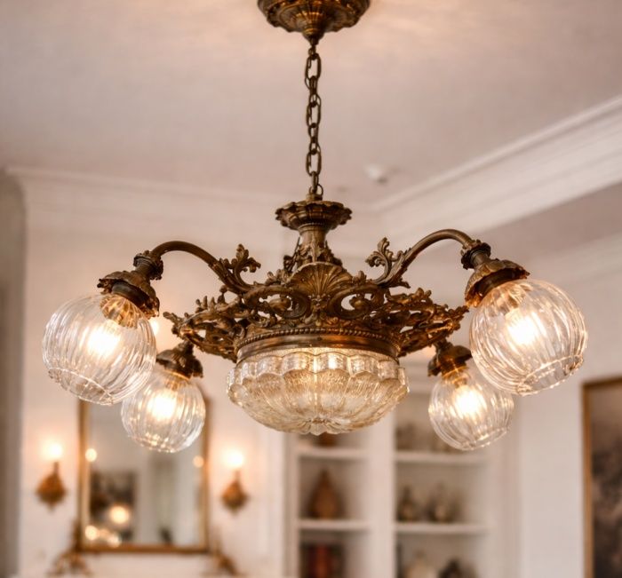 Candelabru antic din bronz masiv in stil francez și sticla centrala ,6 brațe cu abajoare din sticla model lalea,piesa foarte masiva cu o lucrătură de