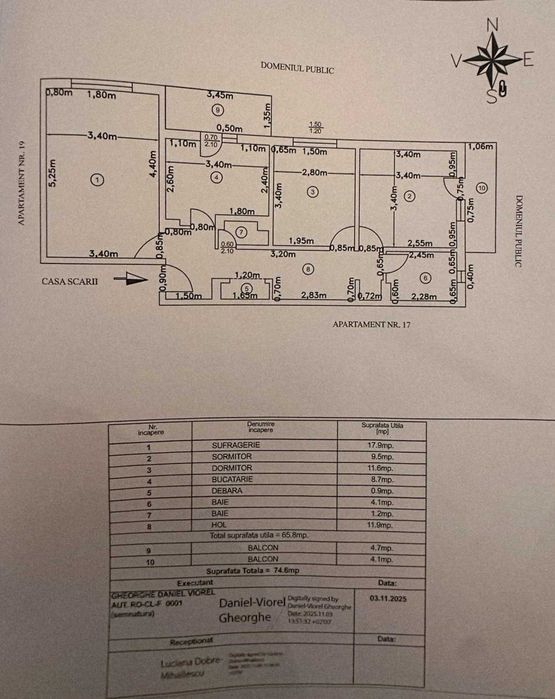 Ap. 3 camere, 2 băi,  74,6 mp, etaj 4, Zona Orizont-Școala 11