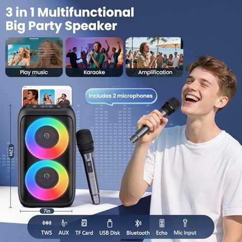 Нова Портативна караоке машина с 2 безжични микрофона Bluetooth USB AUX TF LED