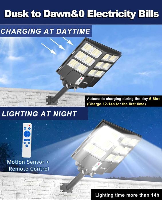 JAYNLT 800W Соларна улична лампа със сензор за движение, дистанционно