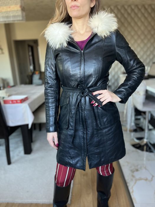 Rockeds черно кожено яке дълго палто С качулка с лисица