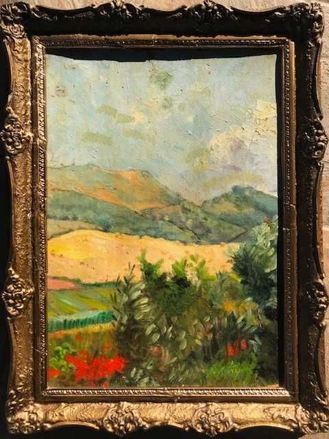 "PEISAJ CU DEALURI" Tablou VECHI, autentic, ulei/carton, semnat. 65x50