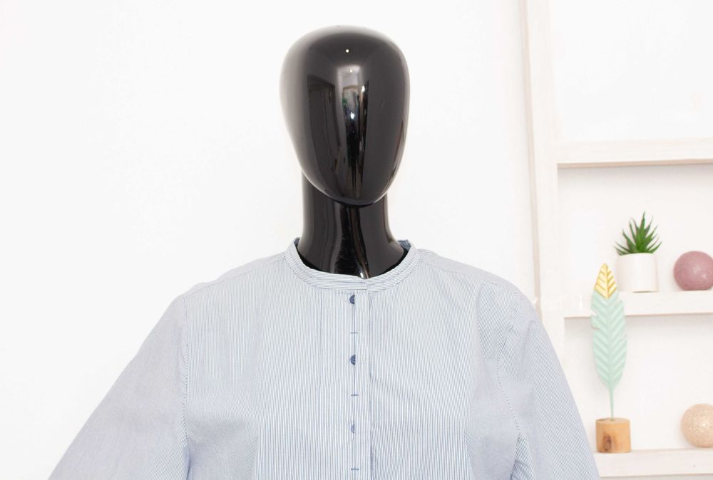 COS дамска риза синьо райе балон ръкави памук овърсайз 38 S