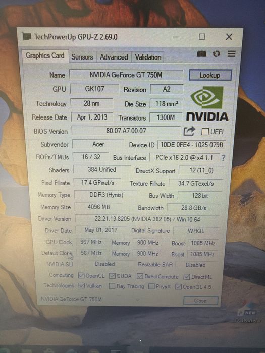 Laptop Acer Slim i5 8g 128g ssd 500g hdd gt750 4g 15.6