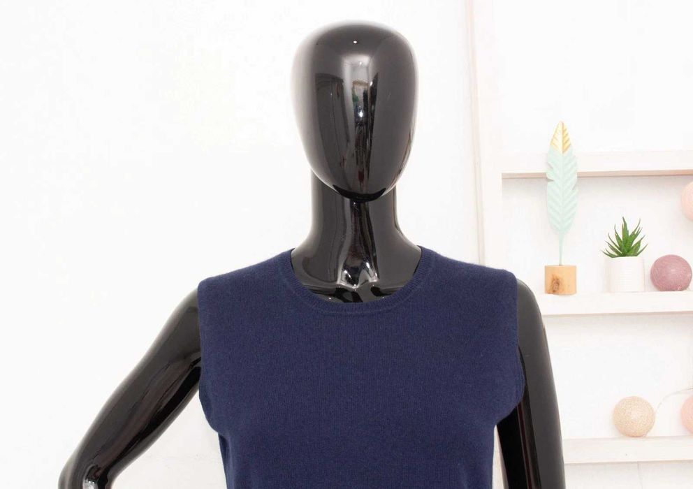 Дамски 100% кашмирен пуловер без ръкав тъмно син елек L