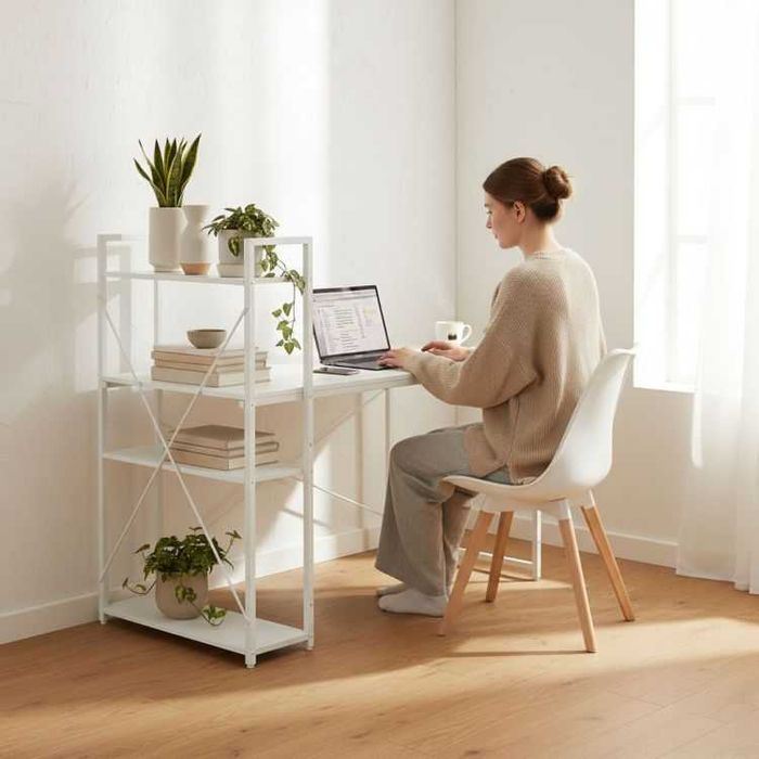 Компютърно бюро ModernHome, дървено, с рафтове, бял,  120*60 см