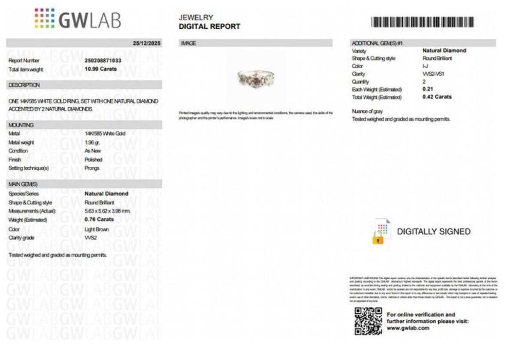 Inel aur alb 14 k cu 3 diamante naturale 1.18 ct cu certificat