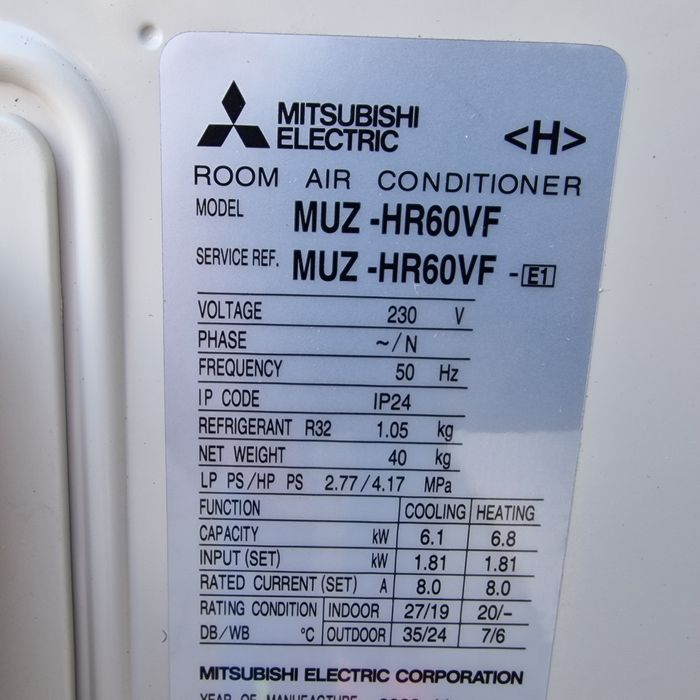 Mitsubishi Electric MUZ-HR60VF 22000 btu Pompă Caldură ,Cald/Rece Nou