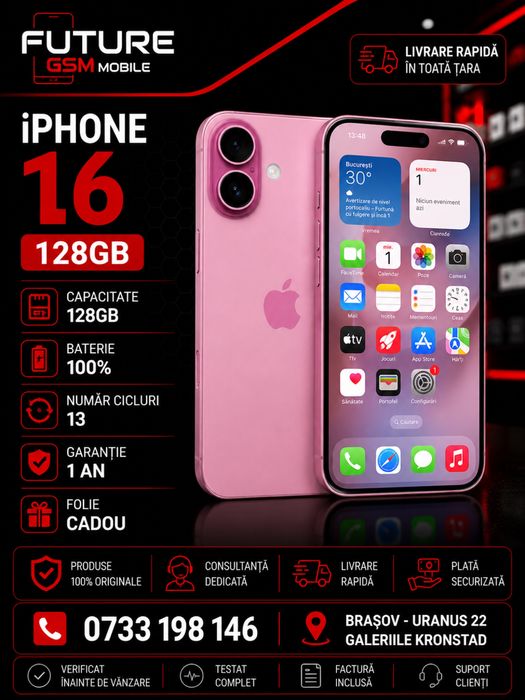 Iphone 16 /128Gb /100%/ 1 an garantie/ Future Gsm Mobile