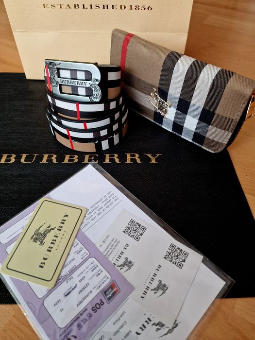 Curea+portofel Burbbery, logo metalic, saculet, etichetă