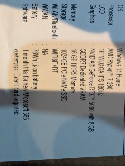 Laptop Gaming ACER Nitro V16  Ryzen 7 260 WUXGA 180Hz 16GB 1TB RTX5060