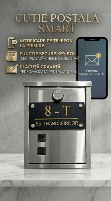 Cutie Poștală Smart din Inox cu Notificare pe Telefon & Opțiune Keybox