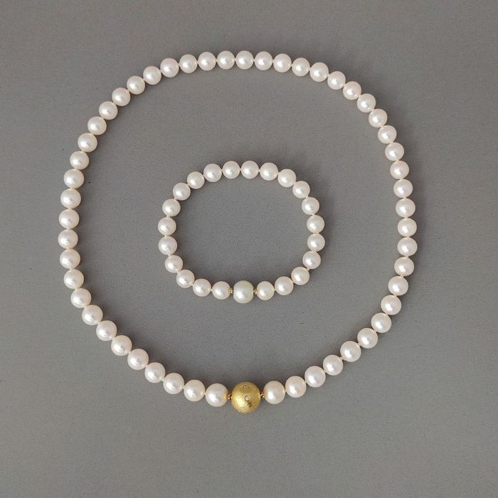 set colier si bratara perle Akoya, aur 18k, diamante, certif.