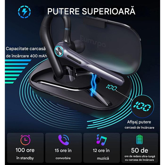 Casca Bluetooth CerCip G3, Autonomie baterie 15 ore, Cu carcasa de încarcare, Eliminare Zgomot, Universală, Negru