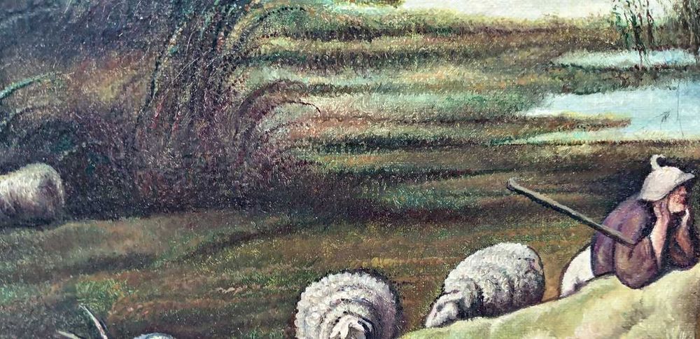 Tablou vechi - cioban cu oi si capre - semnat Callaert A