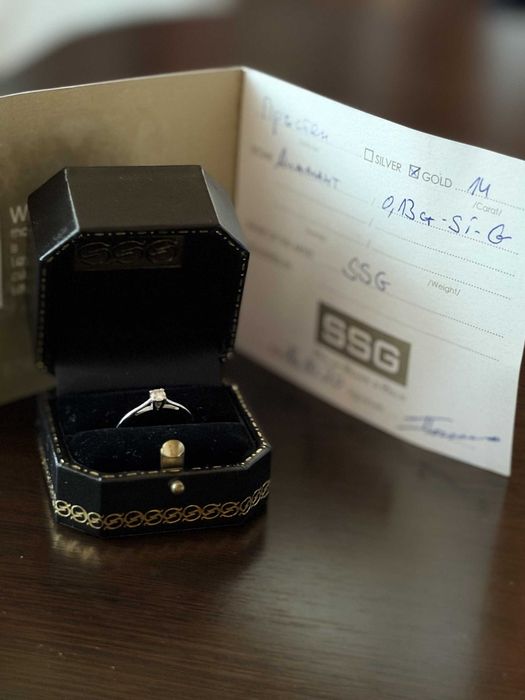 Годежен пръстен SSG – 14К бяло злато, диамант 0.13 ct G/SI, сертификат