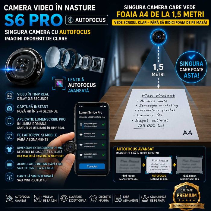 Mini Camera Video in Nasture pentru Copiat cu Autofocus | Audio integrat - Fara Fire | Sisteme de Copiat - Casti copiat