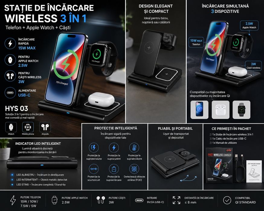 Stație încărcare wireless 3 în 1 15W, telefon + Apple Watch + AirPods, HYS03